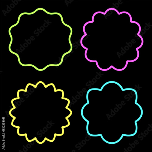 Set of colorful neon decorative frames on black background. Glowing retro label shapes for poster, party flyer, banner and nightlife branding design.