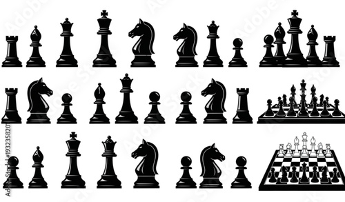 A set of black and white chess pieces on a board