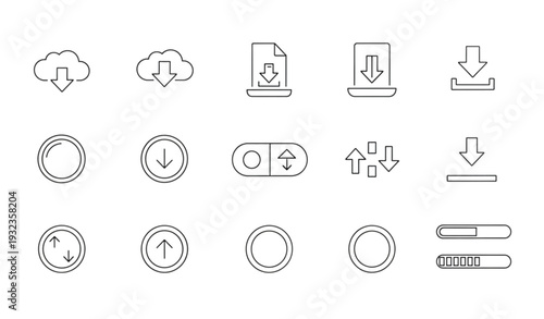 A set of minimalist icons illustrating various download and upload actions