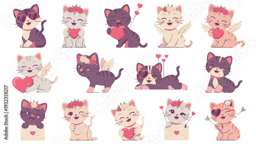 Cute cartoon cats in various playful poses with hearts kissing and loving on white background