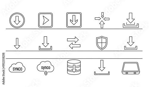 A set of line art icons depicting various download and data transfer symbols
