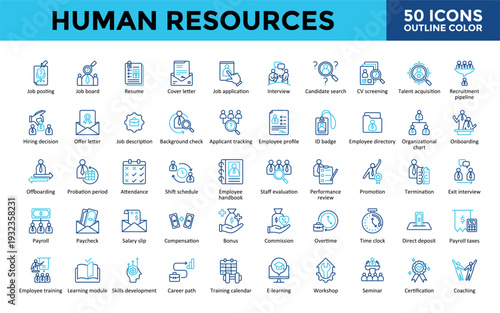 Human Resources icons set with job posting, job board, resume, cover letter, job application, interview, candidate search, employee directory icon. Simple outline color vector 
