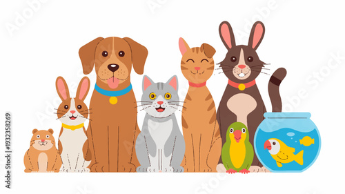 Colorful cartoon pets line up with dog cat rabbit and fish in bowl on white background