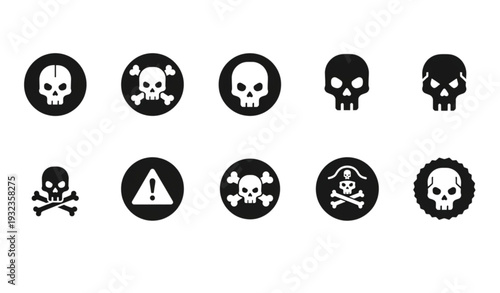 A set of black and white skull icons and symbols for warning and danger