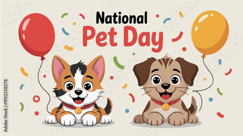 Corgi and puppy celebrate national pet day with balloons and confetti