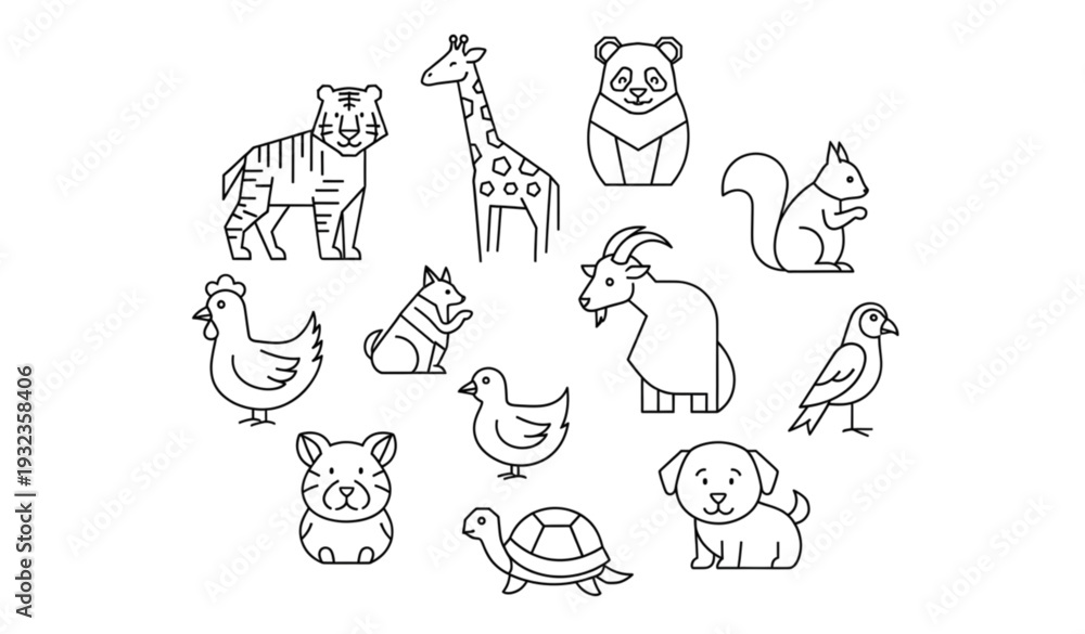 Fototapeta premium A collection of cute animal icons in a simple line art style