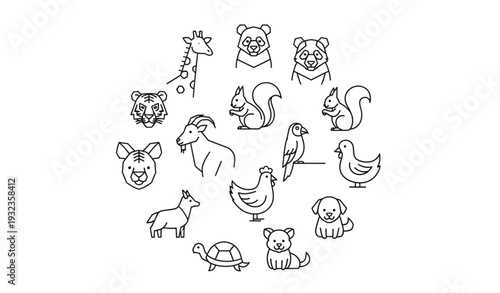 A minimalist vector illustration of various animals in a circular pattern