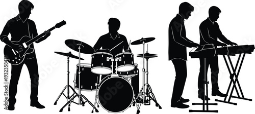 Music Band Silhouette Vector Illustration Featuring Guitarist Drummer and Keyboard Players for Live Performance Concert Event and Entertainment Graphic DesignMusic