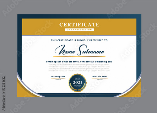 certificate of appreciation template with yellow and blue design elements and best 2021 award