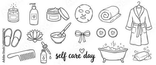 Self care day icons featuring skincare products, face mask, towel, bathrobe, slippers, lotus flower, comb, bowl with brush, essential oil, bow, cucumber slices, bathtub, and soap in doodle style