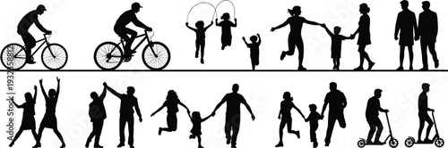 Set of black silhouettes featuring people of various ages enjoying outdoor activities like cycling, running, jumping rope, and riding scooters.