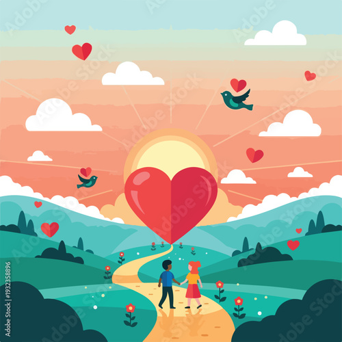A couple walks a path, with hearts, birds, and a beautiful sunset
