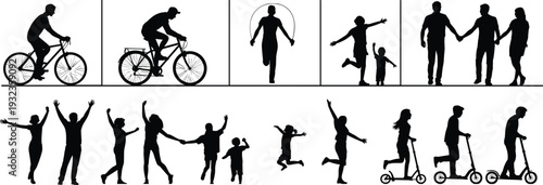 Silhouettes of active people and families enjoying outdoor sports activities including cycling jumping rope riding scooters and walking together in summer