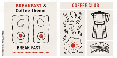 Breakfast and coffee themed graphic with fried eggs coffee pot and sandwich