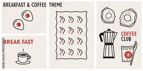 Stylized breakfast and coffee themed illustration with various food items