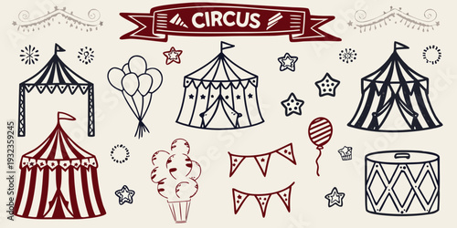 Vintage circus elements illustration featuring tents balloons and festive decorations