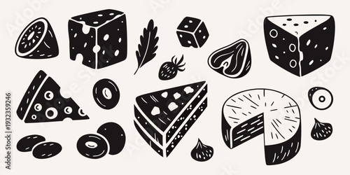 A collection of various cheese types and accompanying garnishes illustrated