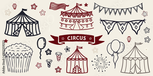 A colorful illustration of a circus with tents stars and treats