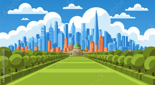 Vibrant vector illustration of a modern cityscape with green park in foreground, sky with clouds, and trees