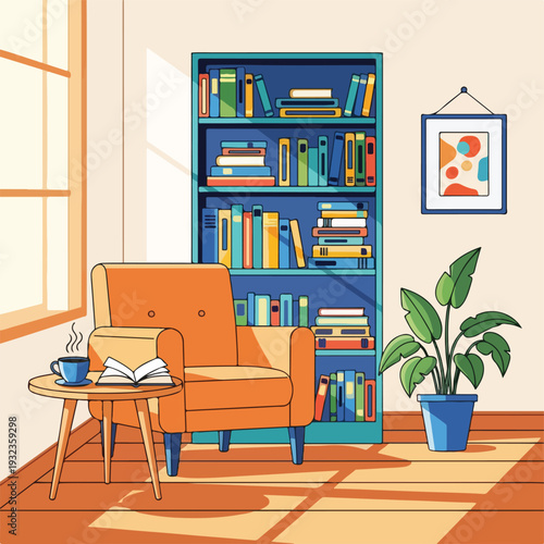 A cozy illustration of a room with a reading nook