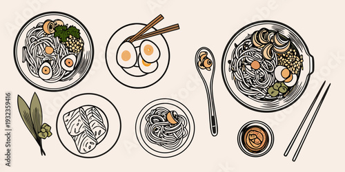 Illustration of various noodle and egg dishes with accompanying condiments