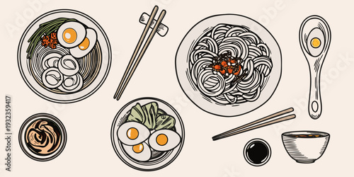 Hand drawn illustration of ramen eggs and side dishes on plates