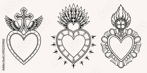 Three ornate sacred heart illustrations with wings and religious symbols