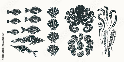 Vintage style illustration of various sea creatures and shells