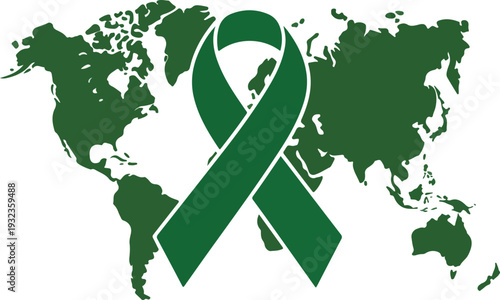 Green awareness ribbon on world map for global support campaign
