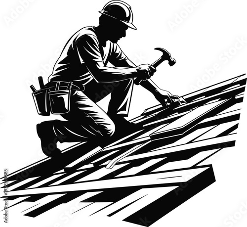 Professional Roofer Silhouette Working on Residential House Roof Installation Using Hammer and Wearing Safety Helmet Industrial Construction Services Vector Illustration
