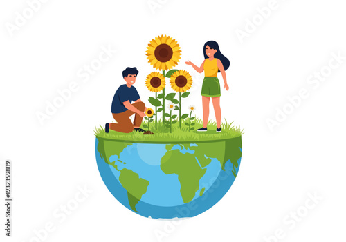Eco-friendly vector illustration of a couple planting sunflowers on a lush green earth, symbolizing environmental care and growth