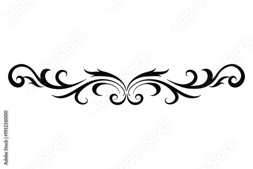 Black symmetrical ornate scrollwork with swirls and flourishes on white background