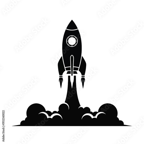Stylized rocket launch graphic with smoke and flames