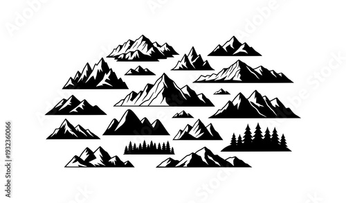 Extreme rock climbing silhouette above mountains and forest landscape 3D vector illustration isolated on white background