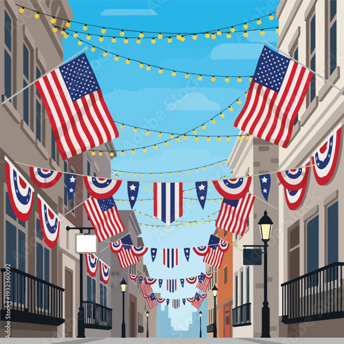 A decorated street scene with flags, garlands, and buildings