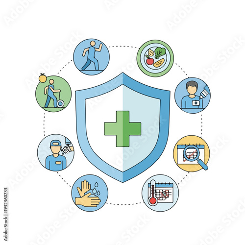 A diagram showing icons about health shield, food, exercise, hygiene