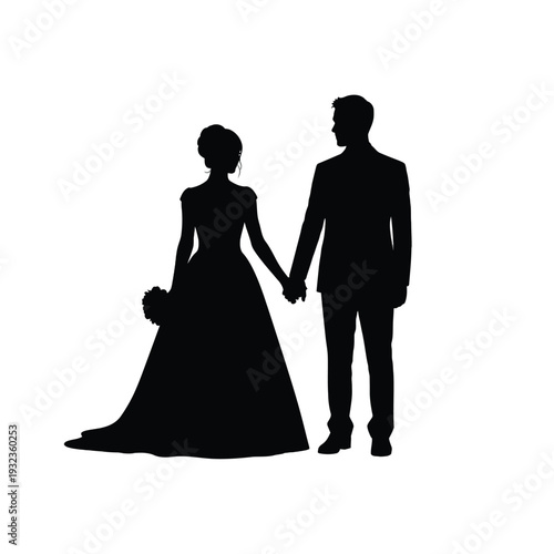 Romantic couple holding hands in elegant wedding attire
