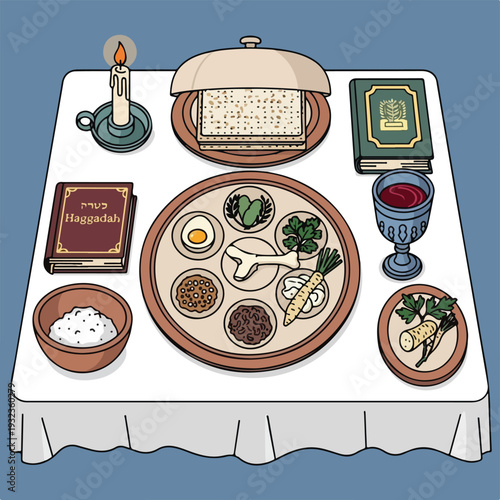 A detailed illustration of a Passover Seder table setting