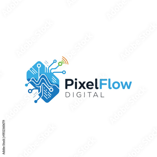 A digital technology logo featuring a circuit board design