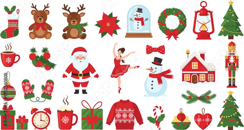 Christmas Holiday Icon Set with Santa, Reindeer, Gifts, Decorations, and Winter Elements for Festive Greeting, Seasonal, and Celebration Designs
