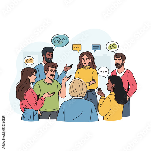 A diverse group in animated style having a discussion