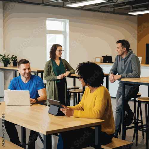 A diverse group of people collaborating around tables in a modern office