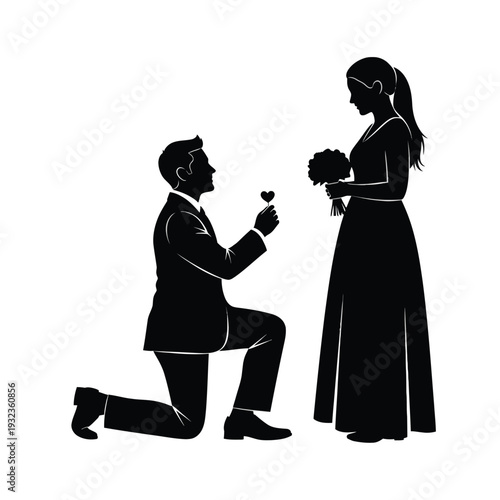 Man proposing to woman with ring and flowers