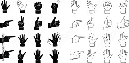 Hand Gesture Icon Set Showing Pointing, Counting, Thumbs Up, and Sign Language Symbols for Communication, UI Design, and Instructional Graphics