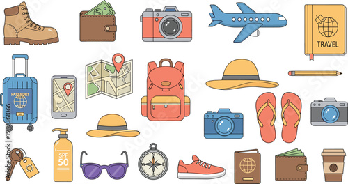 Travel Accessories and Vacation Essentials Icon Set Including Luggage, Camera, Passport, Map, and Airplane for Tourism and Holiday Designs