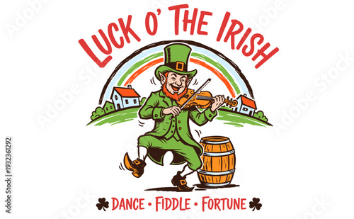 Luck O' The Irish Leprechaun Playing Fiddle. St. Patrick's Day Cartoon Design with Rainbow, Barrel. Dance, Fiddle, Fortune graphic for t-shirt