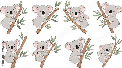 PrintAdorable Koala Bears with Baby Koala in Different Poses and Eucalyptus Leaves for Kids' Illustrations and Animal Design