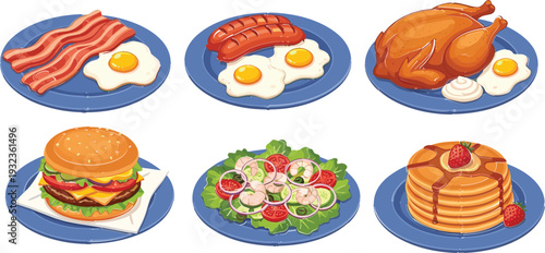 Set of 6 Illustrations of Breakfast, Lunch, and Dinner Plates Featuring Eggs, Bacon, Chicken, and Sandwiches for Food, Culinary, and Meal Design Themes