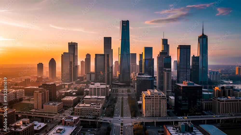 Fototapeta premium Panoramic view of a modern city skyline at sunset with towering skyscrapers and a warm golden sky showcasing urban development and metropolitan architecture