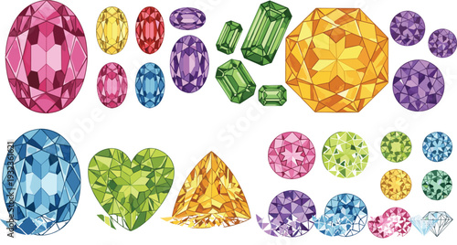 Collection of Colorful Gemstones and Diamonds in Various Shapes for Jewelry, Design, and Decorative Elements